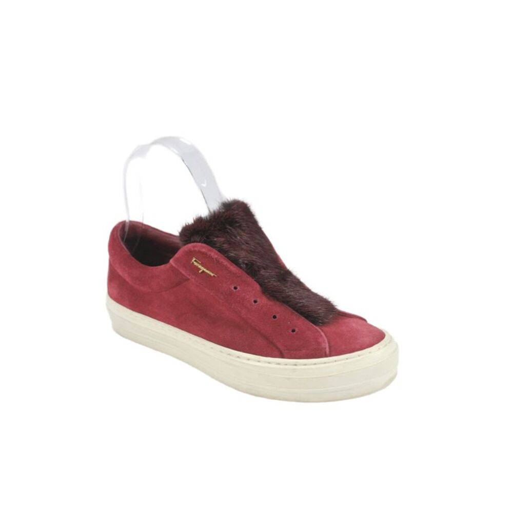 Salvatore Ferragamo Womens Suede Fur Front Low Top Sneakers Red Size 5 Medium
